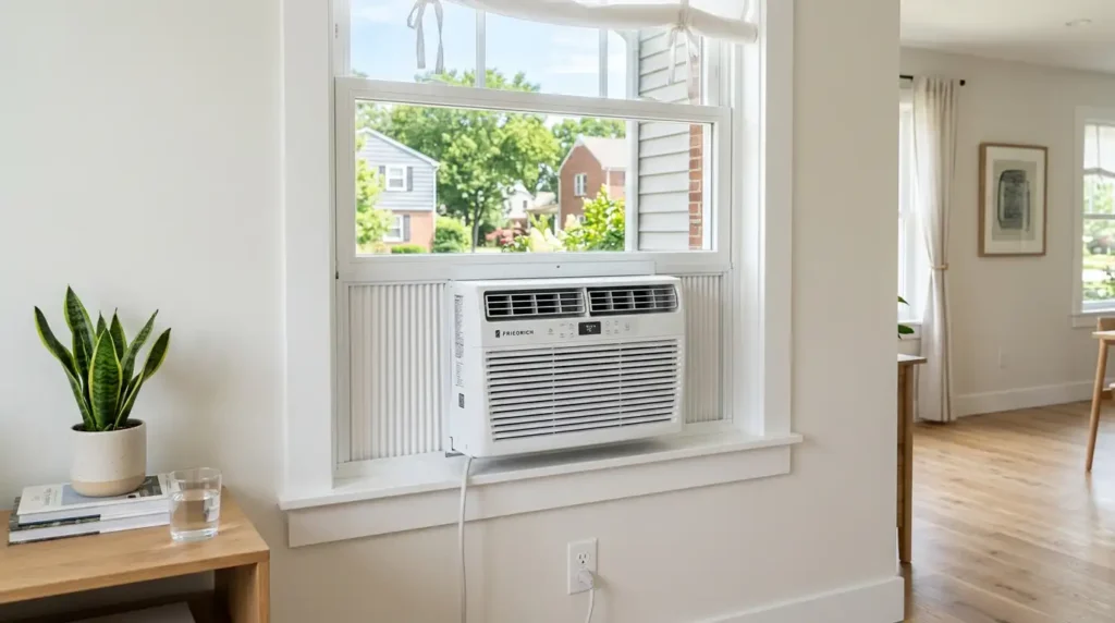 How to install a window AC unit in a double-hung window with accordion side panels, power cord plugged into wall outlet, bright suburban home interior