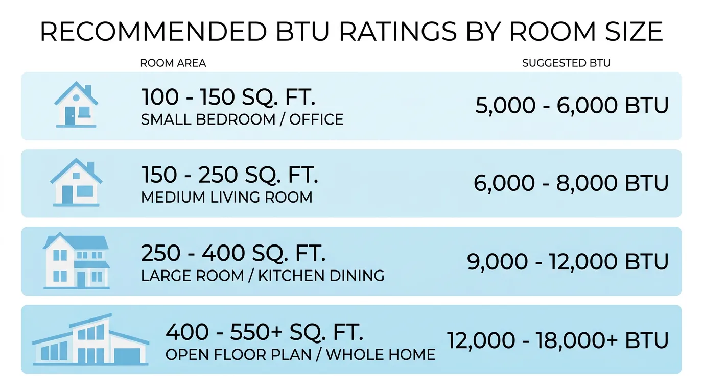 Recommended BTU ratings by room size infographic showing window AC cooling capacity from 5,000 BTU for small bedrooms up to 18,000 BTU for open floor plans