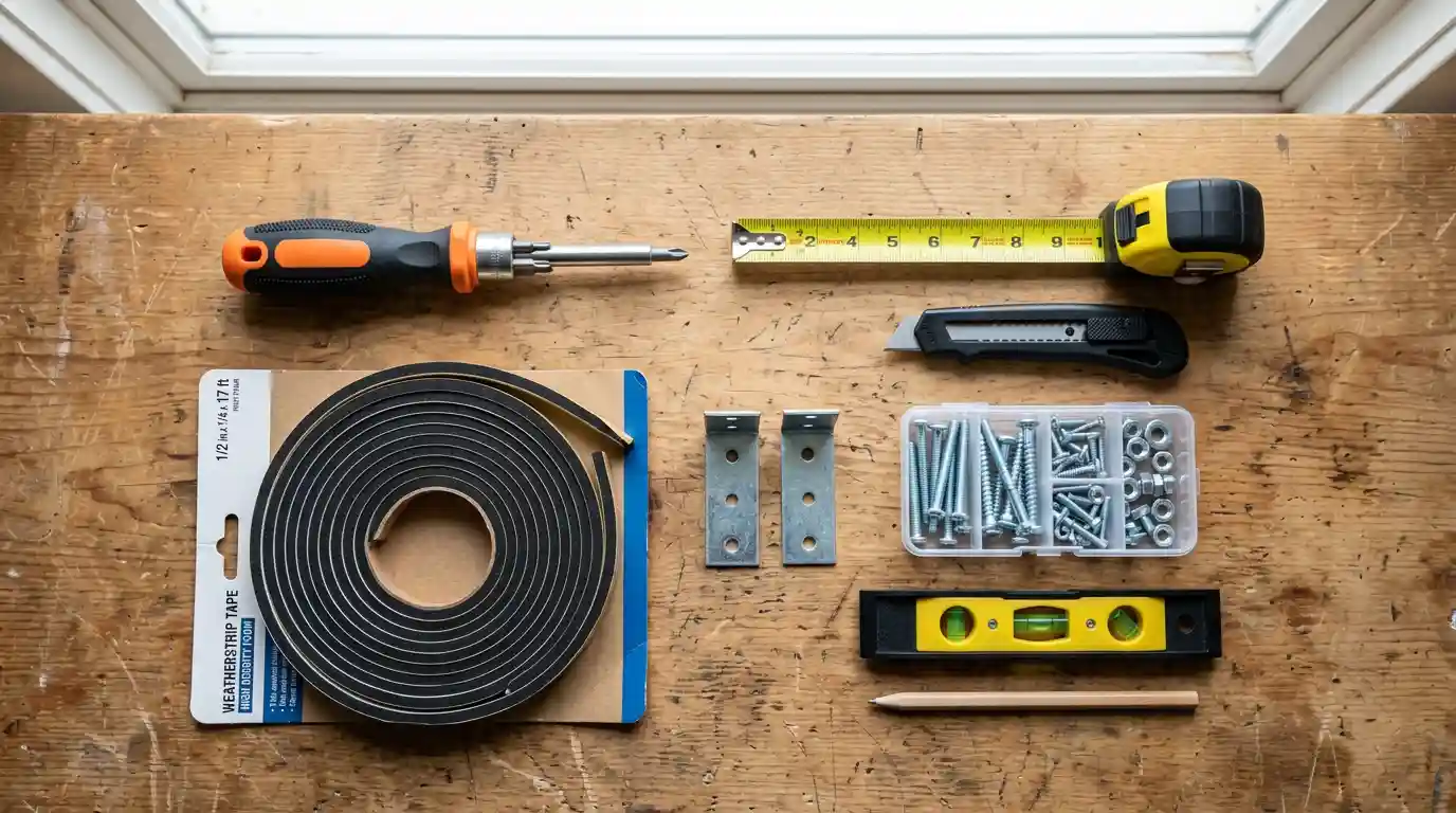 Tools needed for window AC unit installation including screwdriver, measuring tape, weatherstrip tape, L-brackets, screws, level, and utility knife laid flat on wooden surface