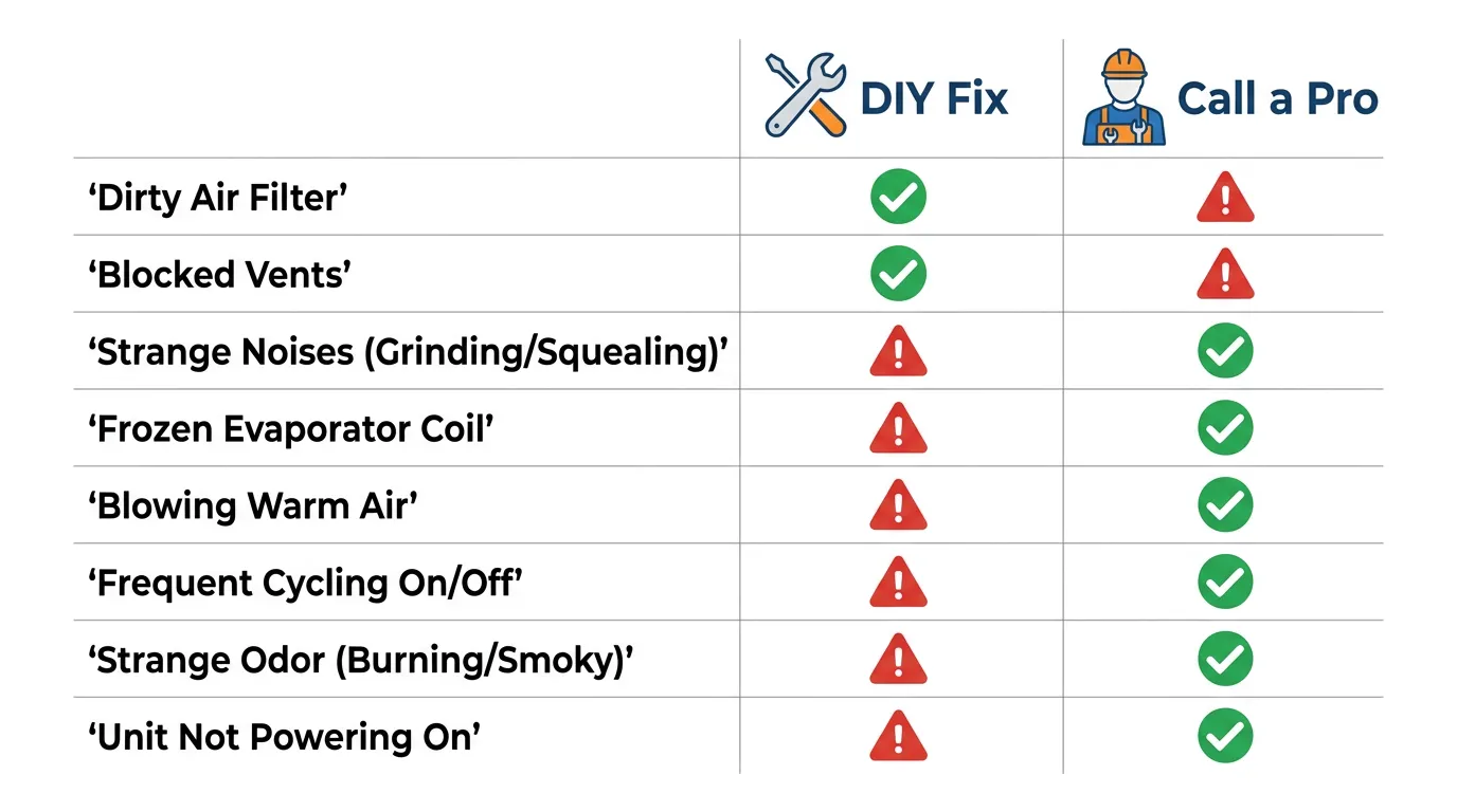 DIY fix vs call a pro infographic showing AC problems like frozen evaporator coil, dirty air filter, and blowing warm air