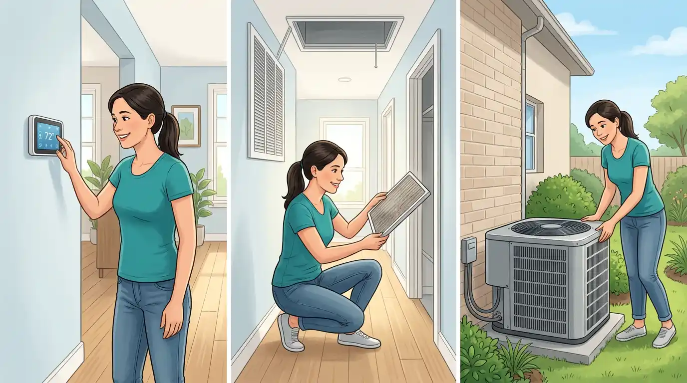 Homeowner troubleshooting AC not cooling by checking thermostat settings, inspecting dirty air filter, and cleaning outdoor condenser unit