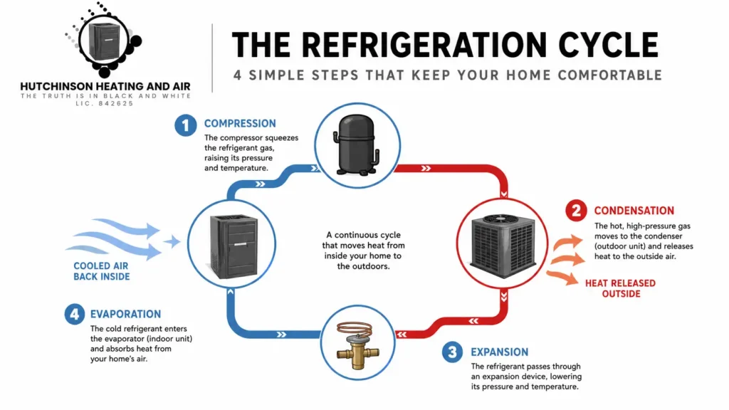 Refrigeration cycle diagram showing four steps of an HVAC system: compression, condensation, expansion, and evaporation, with labeled compressor, condenser, expansion valve, and evaporator illustrating heat flow in a home cooling system.