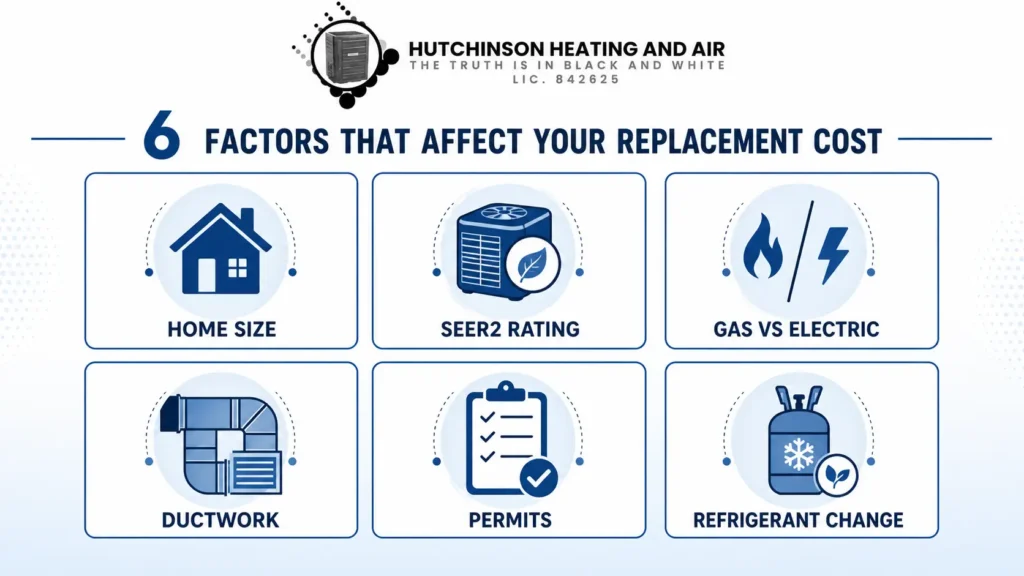 Infographic showing 6 factors that affect AC and furnace replacement cost including home size, SEER2 rating, gas vs electric, ductwork, permits, and refrigerant change — by Hutchinson Heating and Air, Lic. 842625