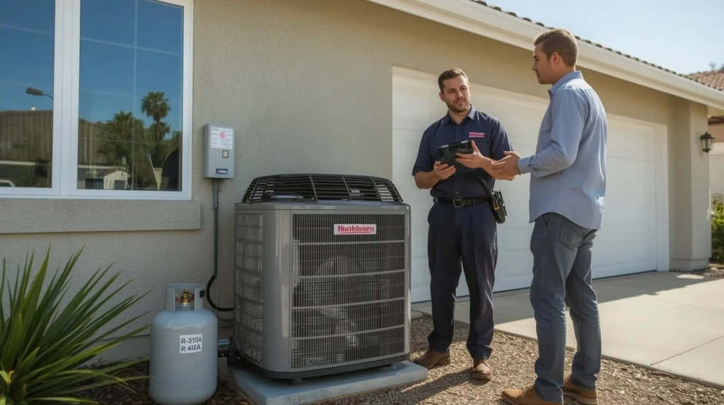 HVAC technician explaining how an air conditioner works to a homeowner outside a house in Southern California, highlighting that aircon uses electricity and refrigerant—not fuel gas. Answering the question: does aircon use gas?