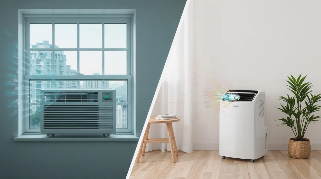 Side-by-side comparison of a portable air conditioner and a window air conditioner in a living room, showcasing ease of installation for both types of units.