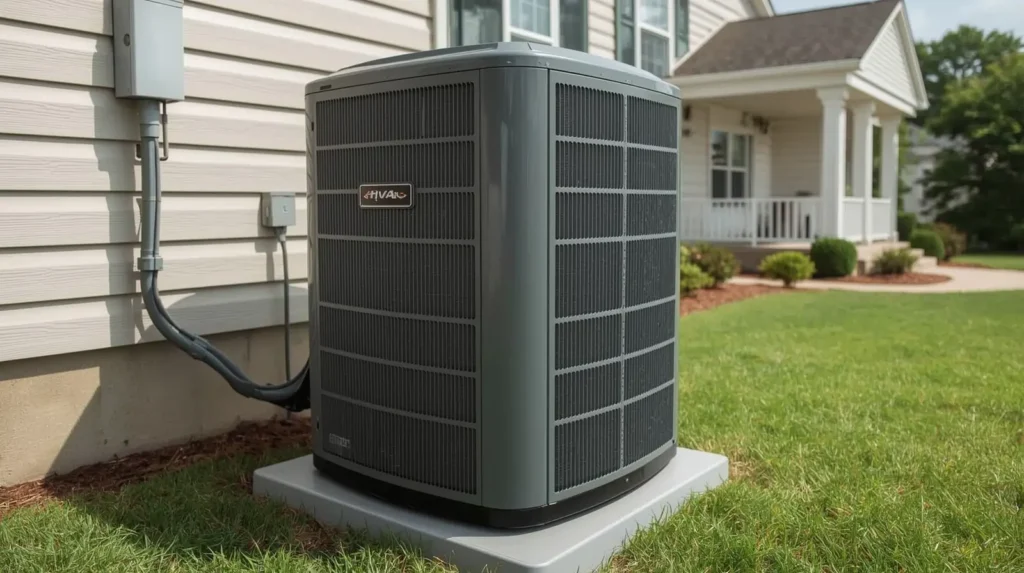 What is an aircon condenser shown as a realistic outdoor AC unit installed outside a residential home, with clean metal casing, visible fan blades, and refrigerant lines.