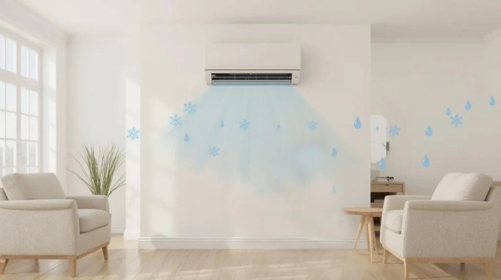 A modern air conditioner running indoors, showing how air conditioning reduces humidity in a home