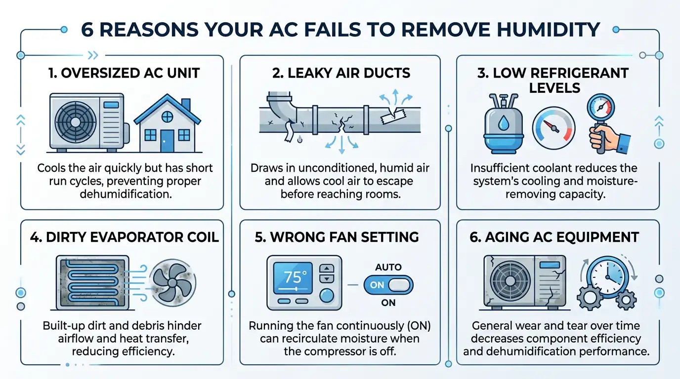 6 reasons your AC fails to remove humidity infographic — oversized AC unit, leaky air ducts, low refrigerant levels, dirty evaporator coil, wrong fan setting, and aging AC equipment.