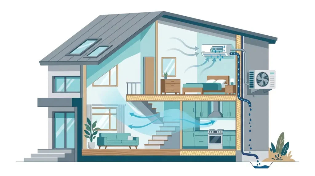 Does air conditioning reduce humidity flat-style cross-section illustration of a home showing AC unit removing moisture from indoor air with condensation draining outside.