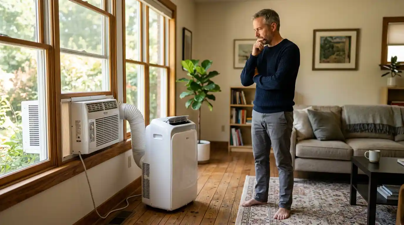 Homeowner standing in a living room deciding between a window AC unit and a portable AC unit with exhaust hose
