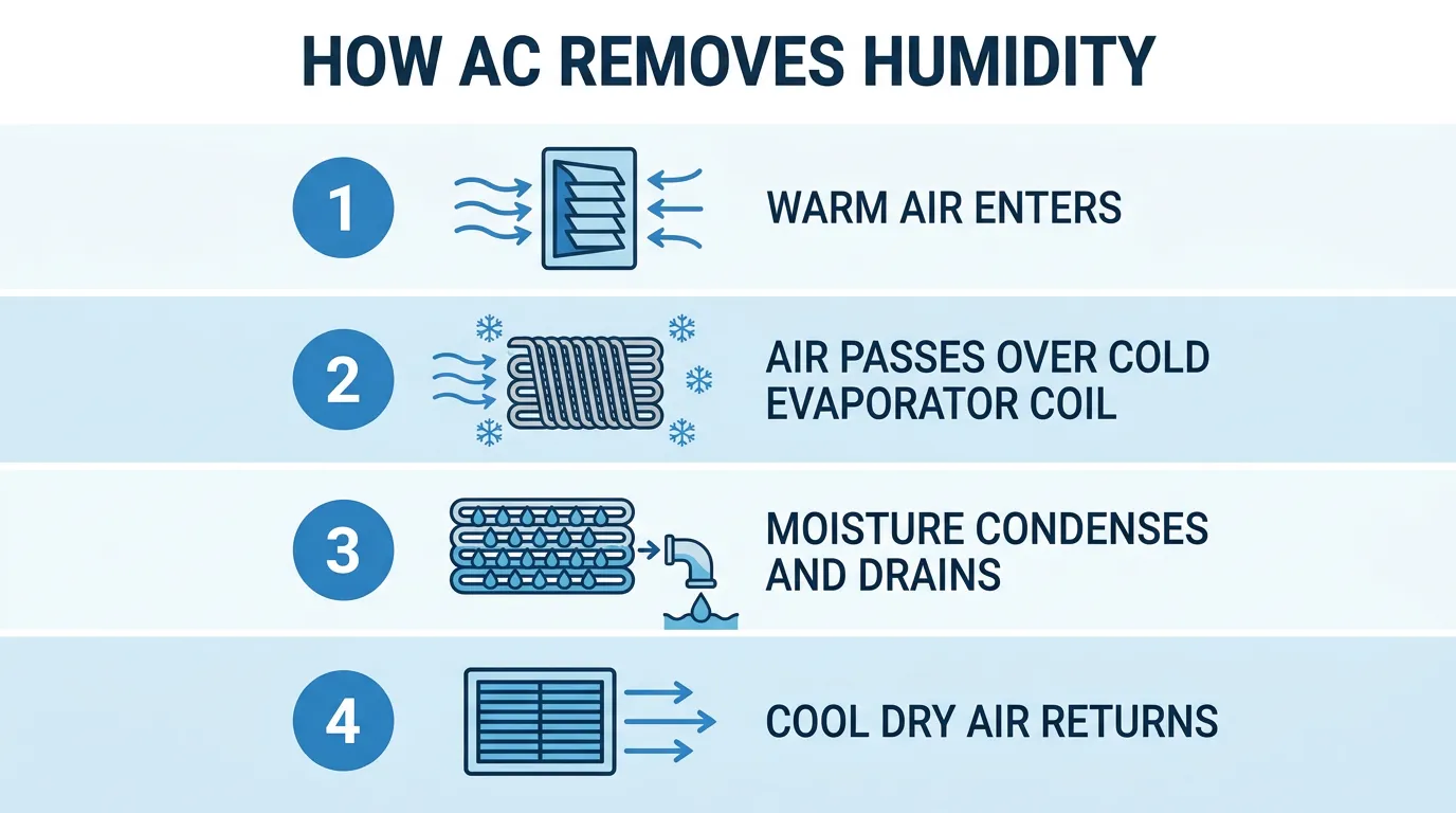 4-step infographic showing how air conditioning systems handle humidity — warm air enters, passes over the evaporator coil, moisture condenses and drains, cool dry air returns to the room.