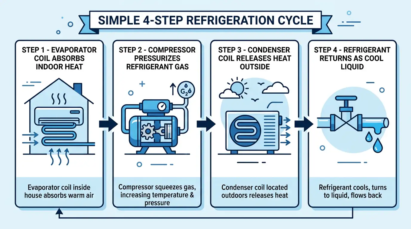 Simple 4-step refrigeration cycle infographic showing how an AC condenser works: evaporator coil, compressor, condenser coil, and liquid refrigerant