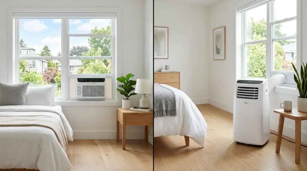 Window AC vs portable AC side-by-side comparison in a modern bedroom showing a window unit on the left and a portable AC unit on the right