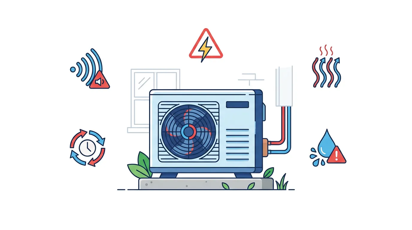 Signs of a bad AC condenser unit: warning icons showing strange noises, warm air, refrigerant leaks, short cycling, and high energy bills