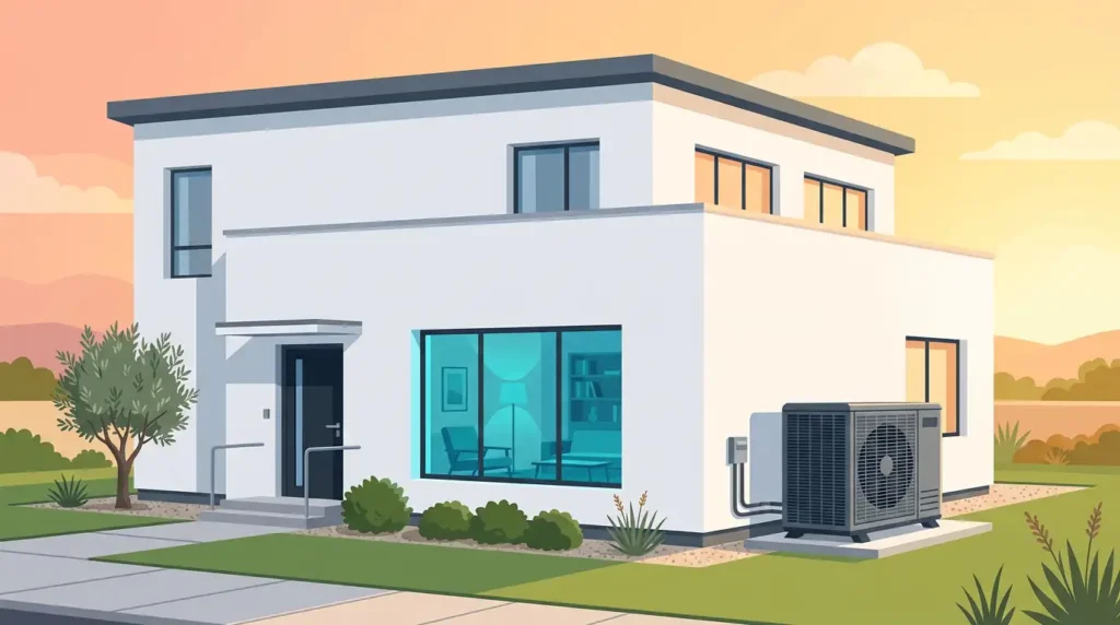 What is aircon condenser: modern home exterior with outdoor AC condenser unit installed on the side