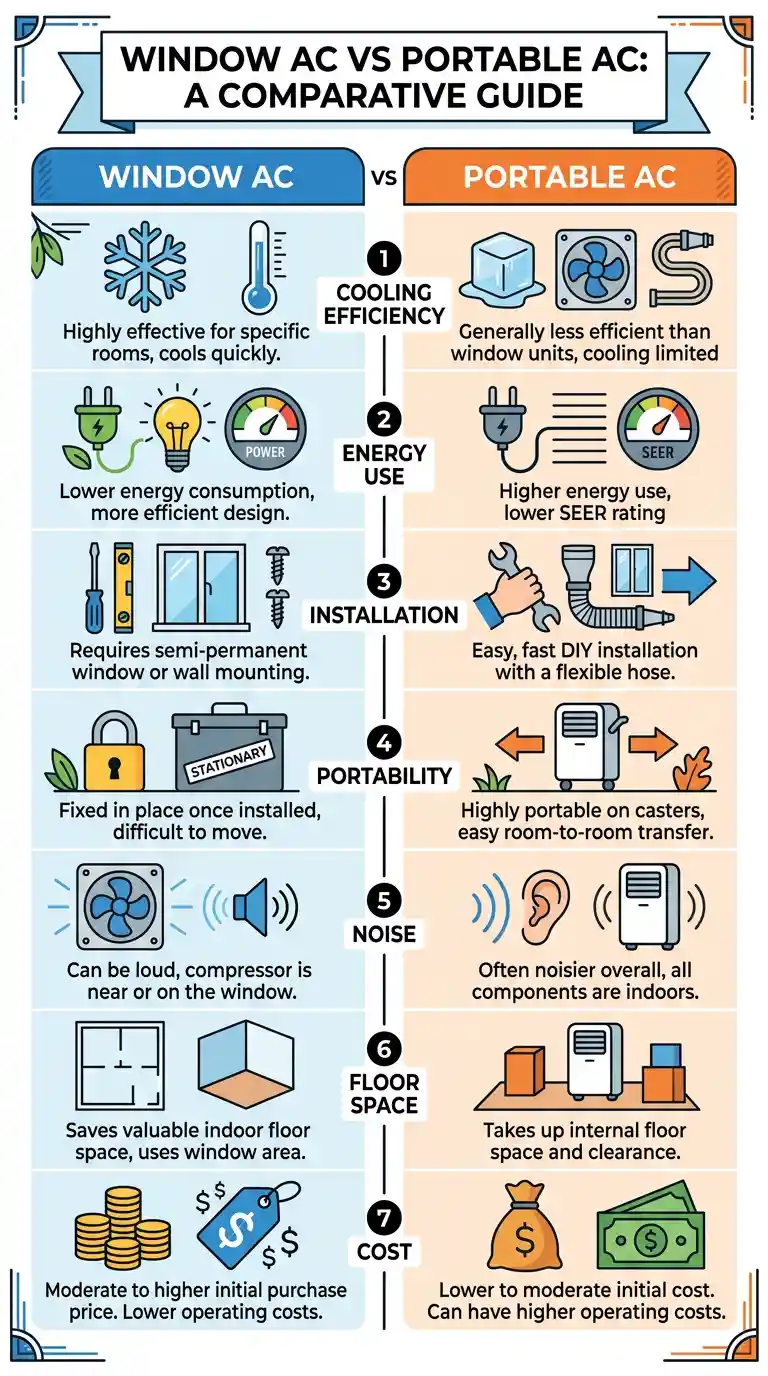 Window air conditioners vs portable air conditioners infographic comparing cooling efficiency, energy use, installation, portability, noise, floor space, and cost