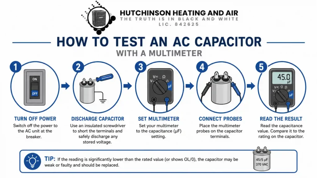 How to test an AC capacitor with a multimeter in 5 steps - Hutchinson Heating and Air infographic