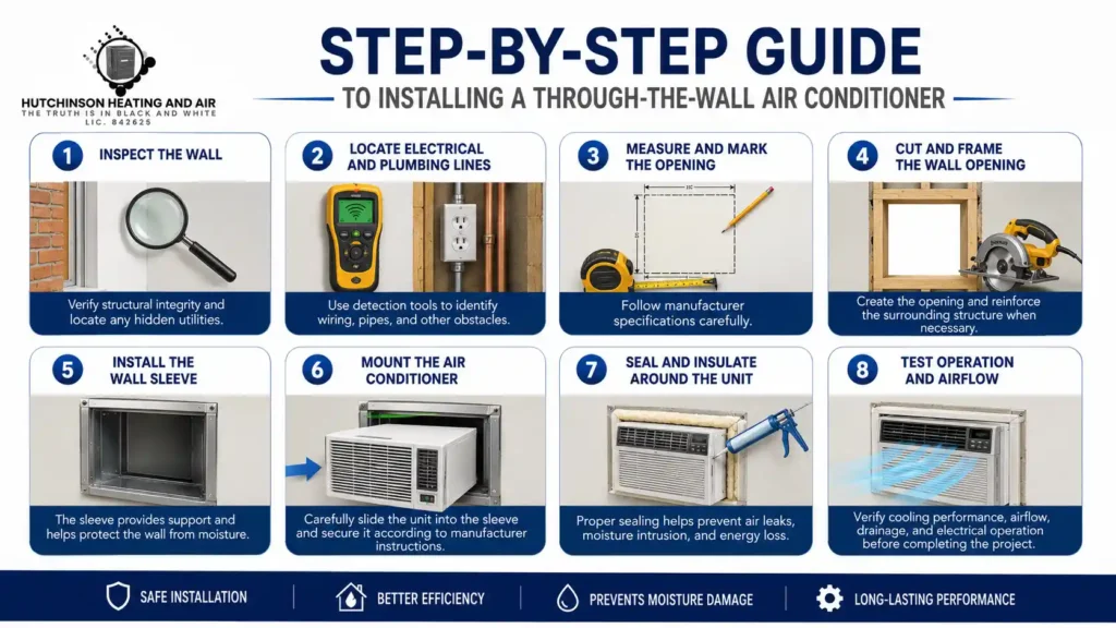 Step-by-step infographic showing how to install a through-the-wall air conditioner, including wall inspection, electrical line detection, wall cutting, sleeve installation, AC mounting, sealing, insulation, and airflow testing.