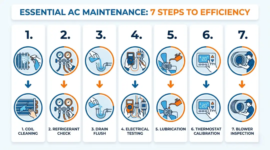 AC maintenance checklist infographic showing 7 steps — coil cleaning, refrigerant check, drain flush, electrical testing, lubrication, thermostat calibration, and blower inspection