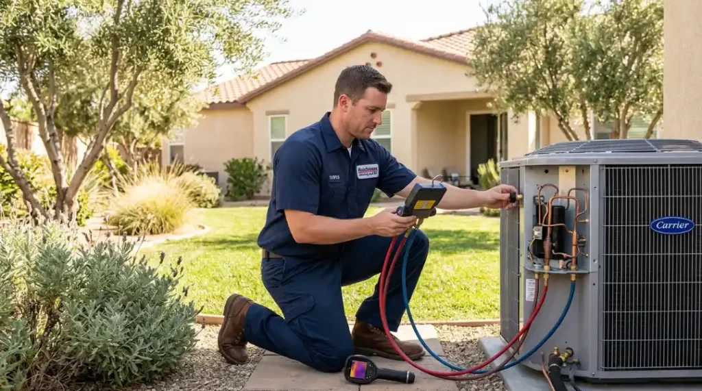 What is AC maintenance — certified HVAC technician checking refrigerant levels on a Carrier condenser unit at a Temecula home