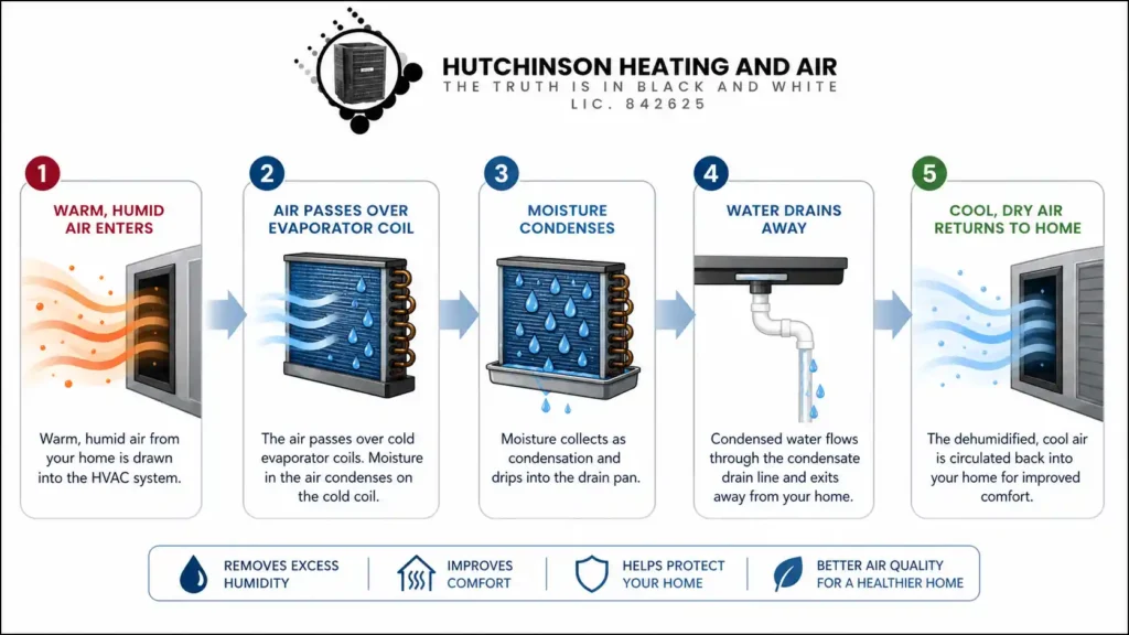 Infographic showing how an air conditioner removes humidity from a home, including warm humid air entering, moisture condensing on the evaporator coil, water draining away, and cool dry air returning indoors.