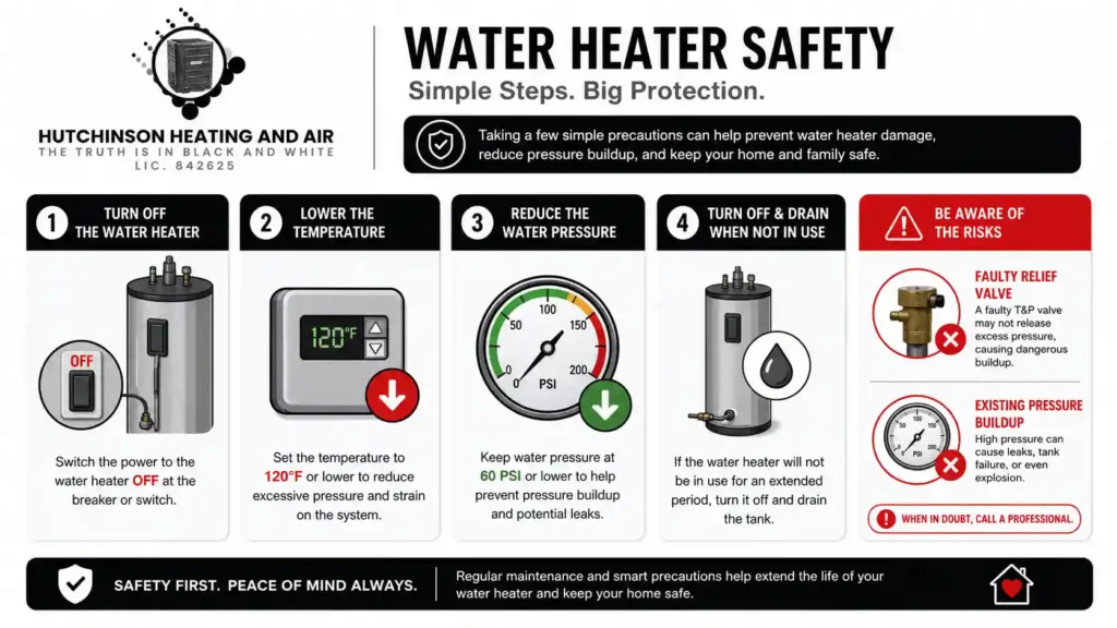 Water heater safety infographic showing steps to prevent explosion: turn off heater, lower temperature, reduce pressure, drain tank, and check relief valve.
