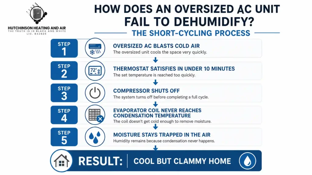 Infographic showing how an oversized AC unit fails to dehumidify through the short-cycling process in 5 steps Hutchinson Heating and Air