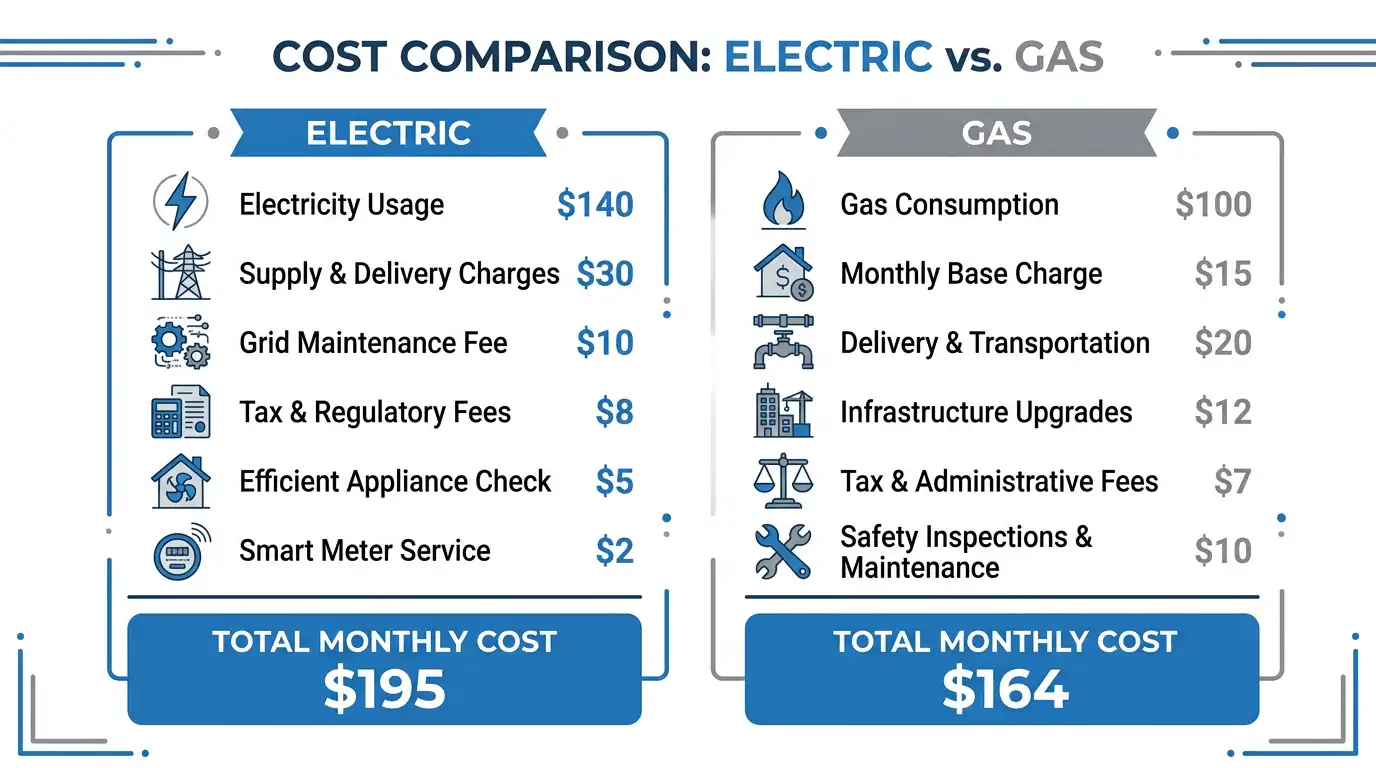 Electric vs gas tankless water heater cost comparison infographic showing monthly operating costs — electric total $195 vs gas total $164 — including electricity usage, gas consumption, supply charges, and maintenance fees.