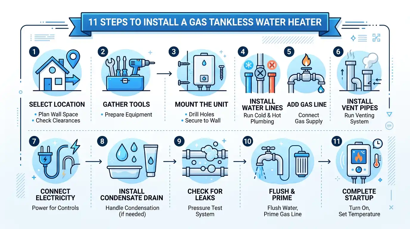 Infographic showing 11 steps to install a gas tankless water heater — from selecting location and mounting the unit to connecting the gas line, installing vent pipes, checking for leaks, and completing startup.