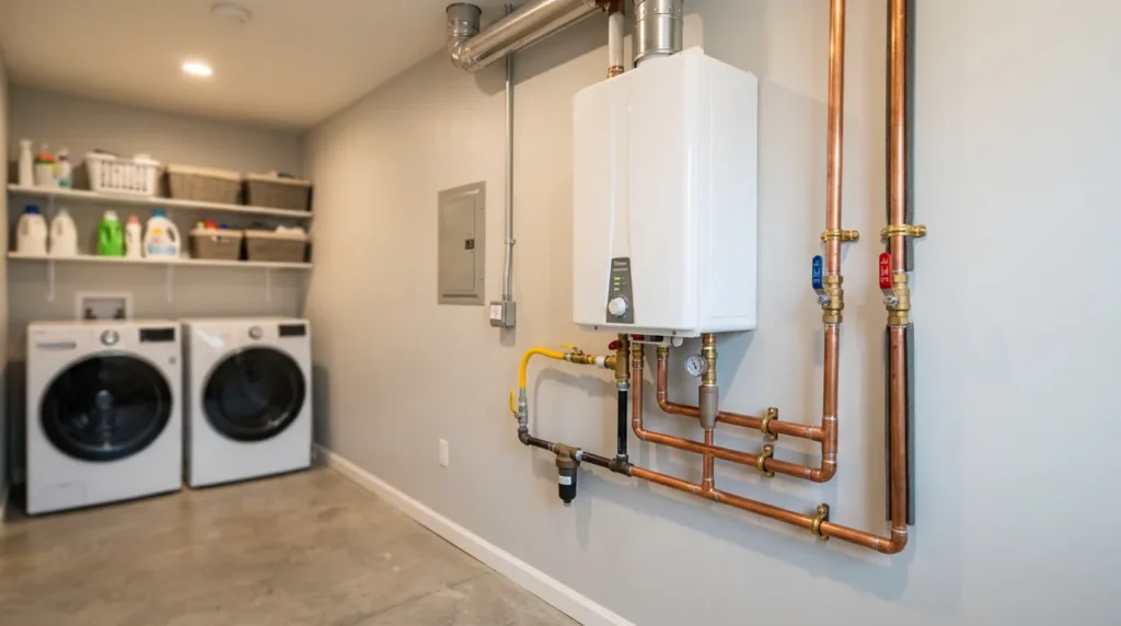 A wall-mounted tankless water heater installed with copper pipes, brass shutoff valves, and a yellow gas line in a home utility room — showing how to install tankless water heater correctly.