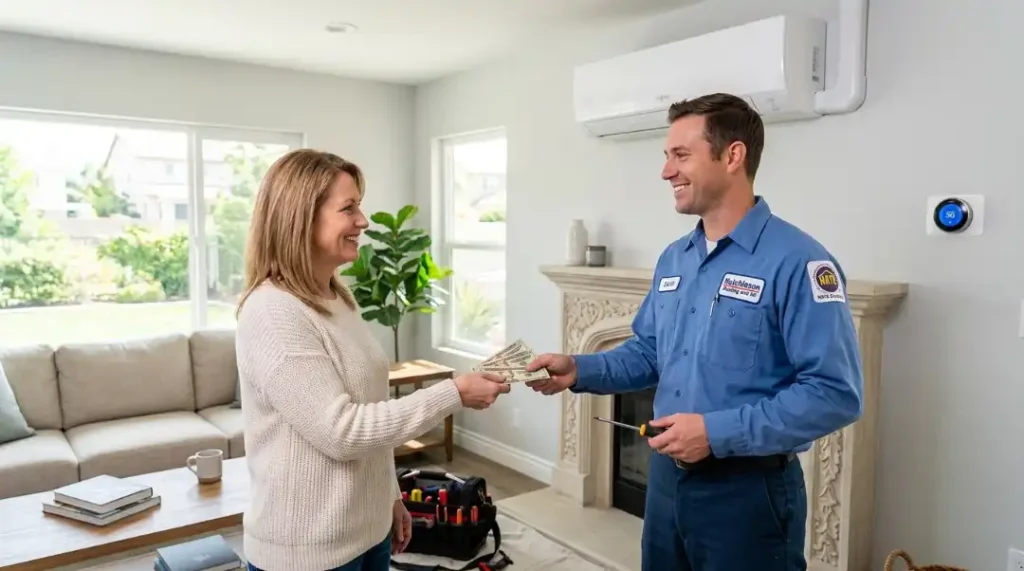 Homeowner tipping HVAC installer cash after successful AC unit installation in modern living room