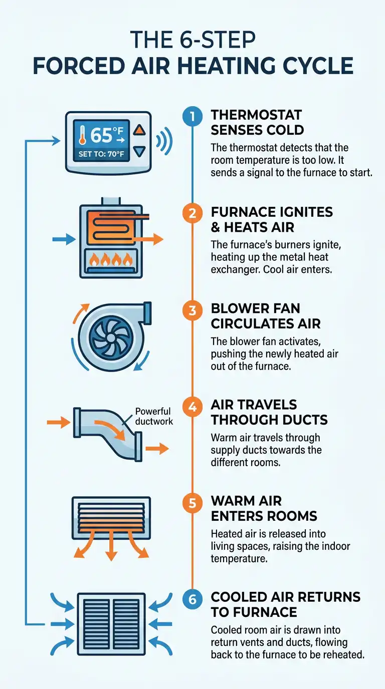 6-step forced air heating cycle infographic showing thermostat, furnace, blower fan, ductwork, supply vents, and return vents