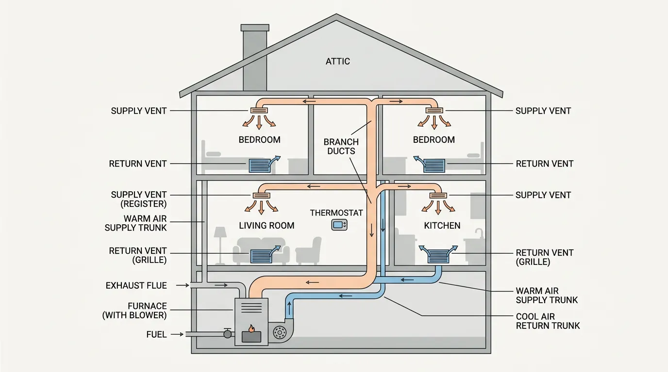 Labeled house cross-section diagram showing forced air heating system components including furnace, blower, supply vents, return vents, branch ducts, and thermostat