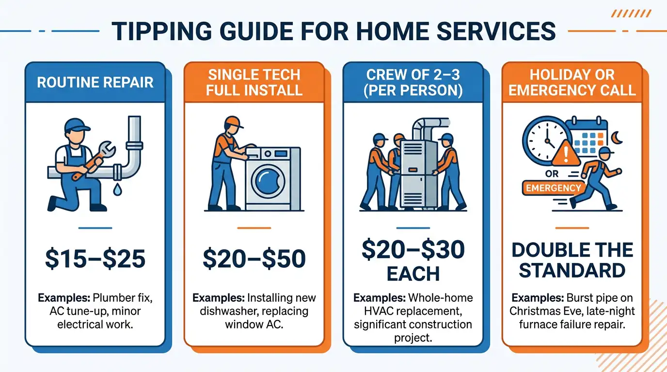 Tipping guide for home services showing how much to tip HVAC installer across four scenarios