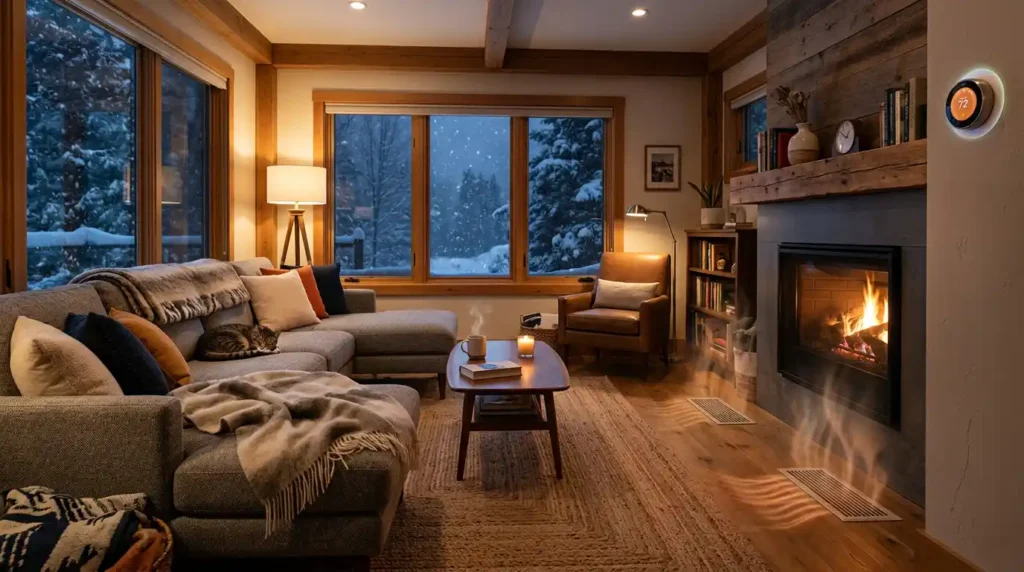 Cozy living room with floor vents and thermostat showing what is forced air heating in a modern home during winter