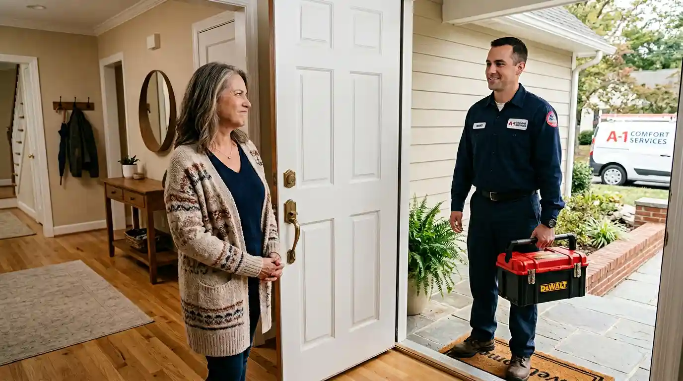 Homeowner greeting HVAC technician at front door without offering a tip due to company no-tipping policy