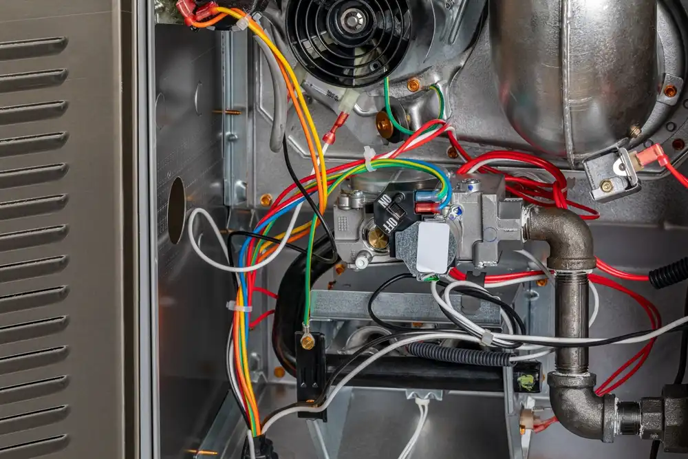 Open gas furnace panel showing blower motor, gas valve, and wiring - heater not working diagnostic