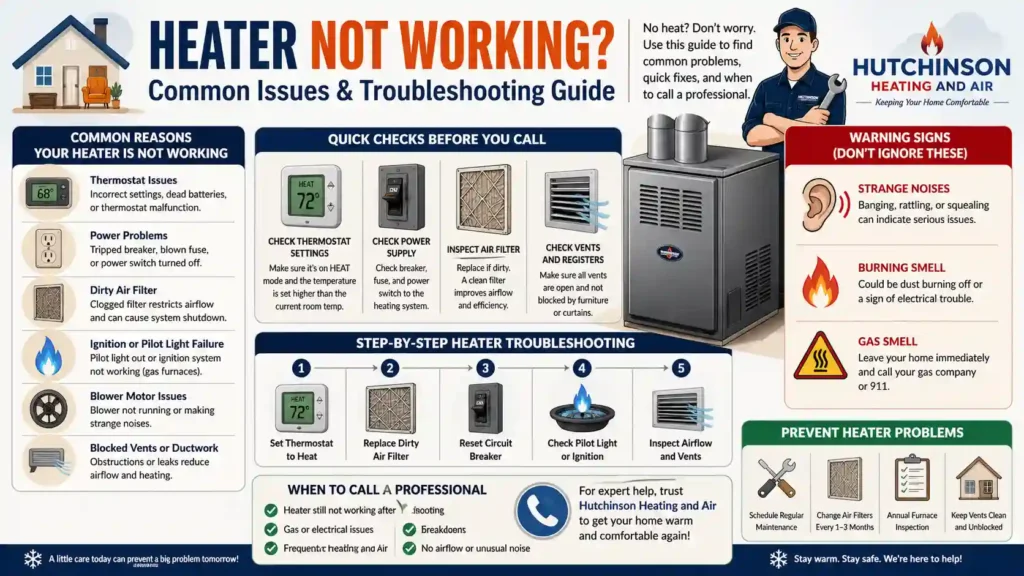 Heater not working troubleshooting infographic showing common heater problems, quick fixes, furnace repair steps, warning signs, and HVAC maintenance tips by Hutchinson Heating and Air