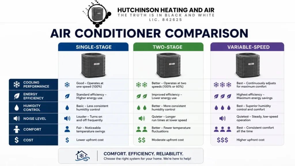 Air conditioner comparison chart by Hutchinson Heating and Air comparing Single-Stage, Two-Stage, and Variable-Speed AC systems across performance, efficiency, humidity control, noise, comfort, and cost.