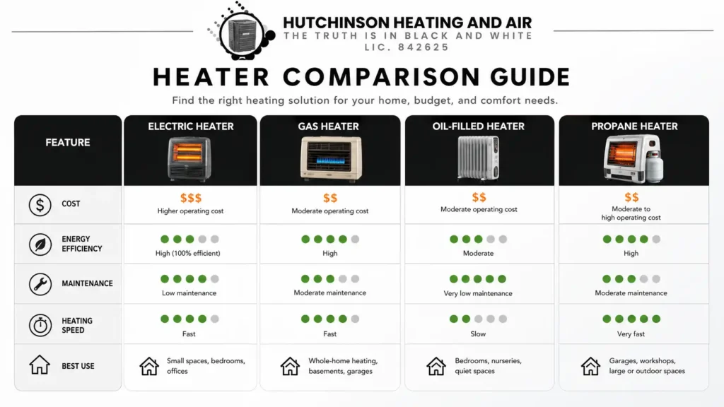 Heater comparison infographic showing electric heater, gas heater, oil-filled heater, and propane heater with ratings for cost, energy efficiency, maintenance, heating speed, and best use.