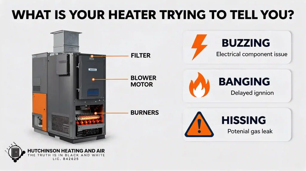 An infographic by Hutchinson Heating and Air explaining a heater making strange noises, featuring buzzing, banging, and hissing sound diagnostics.