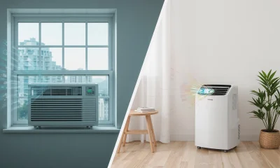 Side-by-side comparison of a portable air conditioner and a window air conditioner in a living room, showcasing ease of installation for both types of units.