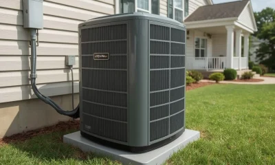What is an aircon condenser shown as a realistic outdoor AC unit installed outside a residential home, with clean metal casing, visible fan blades, and refrigerant lines.