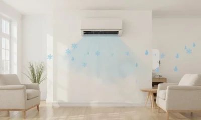A modern air conditioner running indoors, showing how air conditioning reduces humidity in a home