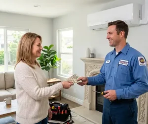 Homeowner tipping HVAC installer cash after successful AC unit installation in modern living room