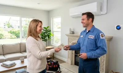 Homeowner tipping HVAC installer cash after successful AC unit installation in modern living room