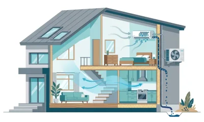 Does air conditioning reduce humidity flat-style cross-section illustration of a home showing AC unit removing moisture from indoor air with condensation draining outside.