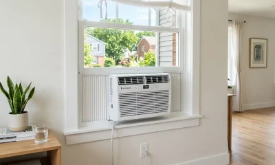 How to install a window AC unit in a double-hung window with accordion side panels, power cord plugged into wall outlet, bright suburban home interior