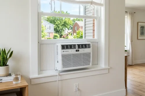 How to install a window AC unit in a double-hung window with accordion side panels, power cord plugged into wall outlet, bright suburban home interior