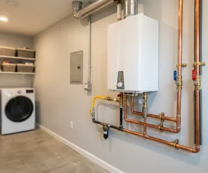A wall-mounted tankless water heater installed with copper pipes, brass shutoff valves, and a yellow gas line in a home utility room — showing how to install tankless water heater correctly.